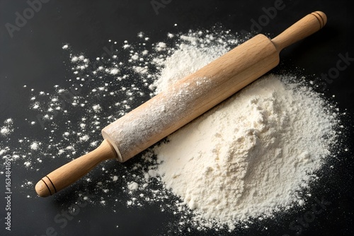 white flour with rolling pin on black background