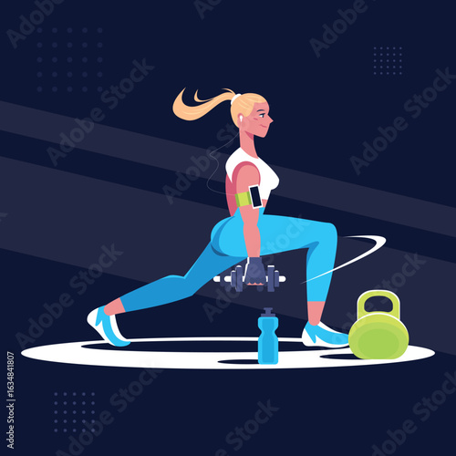 Woman exercising with dumbbell doing a lunge