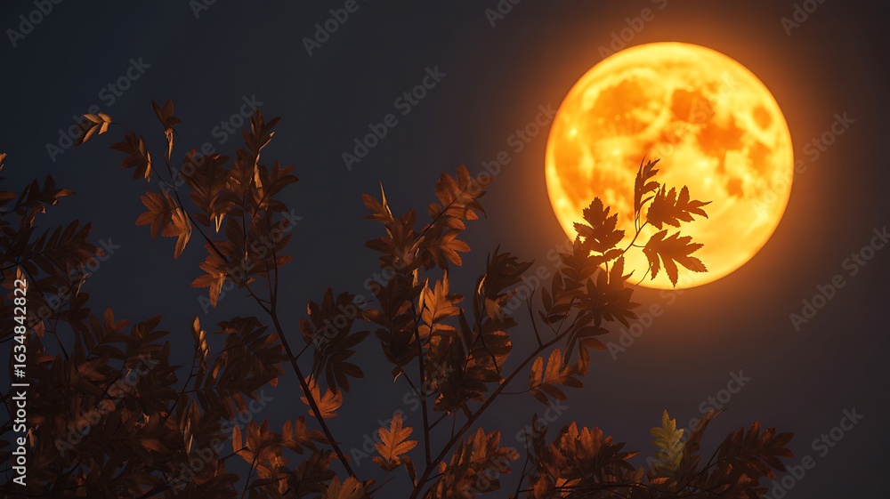 Fototapeta premium Glowing orange moon behind autumn foliage night