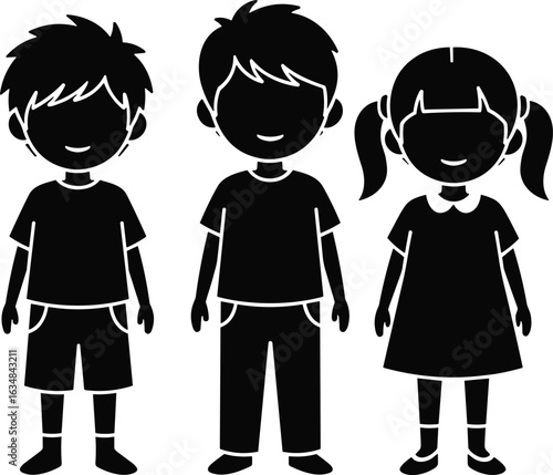 Silhouette of happy children standing, cartoon kids illustration, boy and girl vector, childhood graphic, black simple flat design