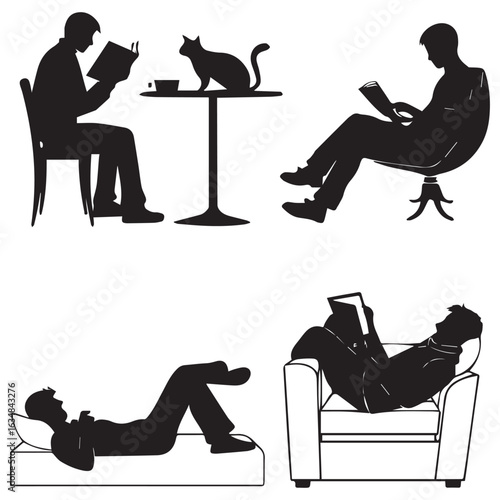 Silhouettes of people reading books in various comfortable poses at home and a cat observing from a table
