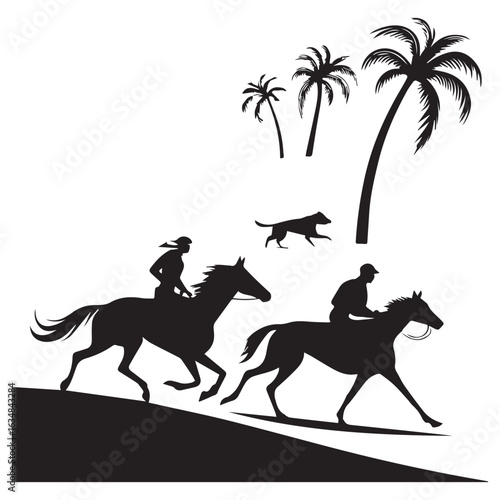 Silhouettes of two jockeys riding horses with a dog running alongside them against a backdrop of palm trees