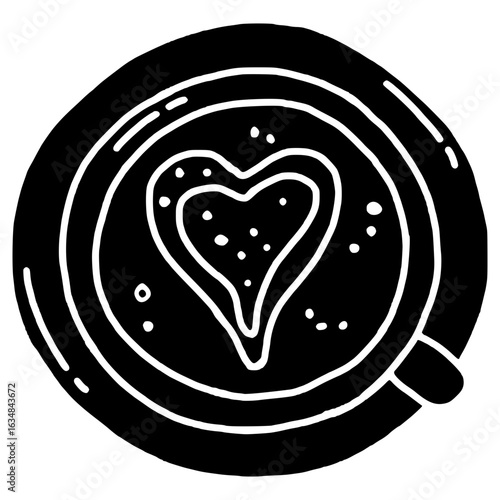 top view of a cup of heart shaped coffee latte art on saucer hand drawn glyph illustration