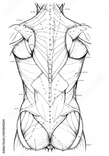 Detailed anatomical illustration of human back muscles with meridian points for acupuncture therapy