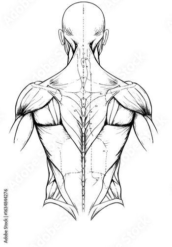 Detailed back muscle anatomy chart for medical study and fitness reference illustration