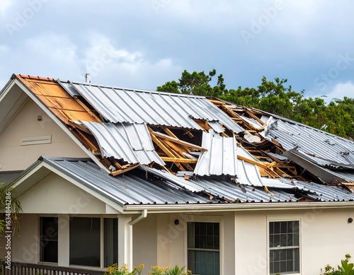 Storm-damaged house roof with exposed rafters and missing metal sheeting