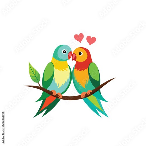 Two birds share a romantic moment, perched on a tree branch beneath a floating red heart, representing love, affection, and partnership.