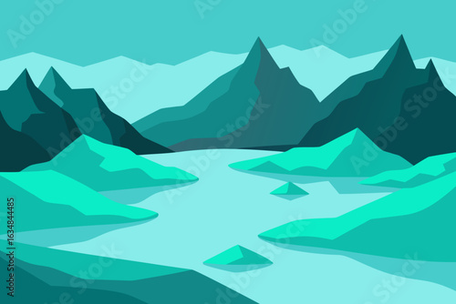 Abstract geometric mountain landscape with a serene blue lake