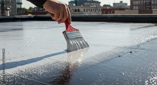Person applying white coating on rooftop during daytime with city skyline in background