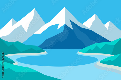 Stylized flat design of snow capped mountains and a calm lake
