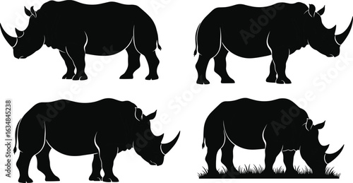 Silhouette of rhinoceros set, wild animal black vector illustration, safari wildlife drawing, endangered species clipart, isolated graphic design