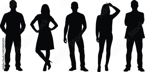 Silhouette of standing men and women in confident poses, black isolated human figures ideal for design, business, infographic, and concept art