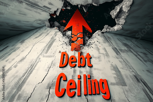 Red arrow striking Debt Ceiling, symbolizing a fiscal breach, abandoned home, suburban decay, autumn leaves, economic downturn