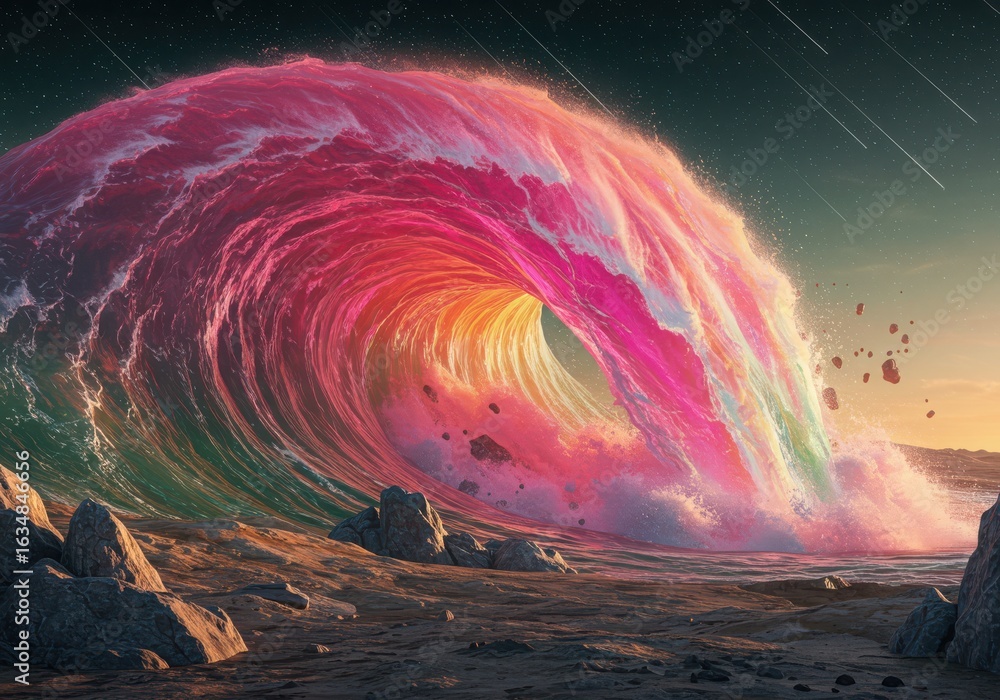 Obraz premium A colossal, colorful wave with vibrant pink, orange, and green hues crashes onto a rocky shore under a twilight sky