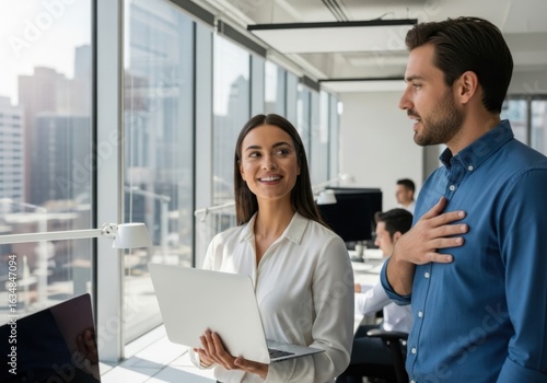 Colleagues discussing business by a large office window