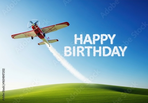 Airplane flying in blue sky with happy birthday message