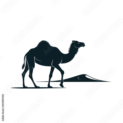 Silhouette of a camel walking in the desert isolated on white background