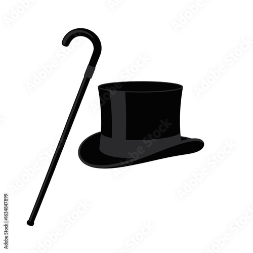 Black top hat and cane isolated on white background