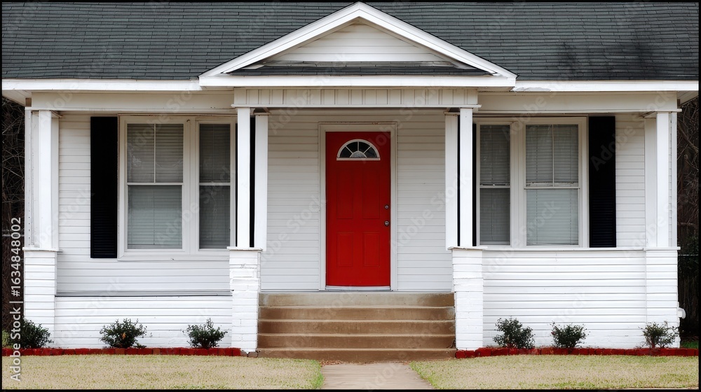 Naklejka premium Vibrant red door on traditional white-sided house against manicured yard, ideal for property listings, home decor magazines, or suburban lifestyle visuals.