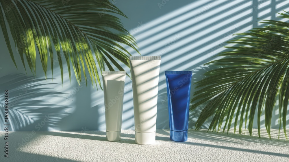 Fototapeta premium Sun drenched palm fronds cast striped shadows on three elegant cosmetic tubes against a serene blue background