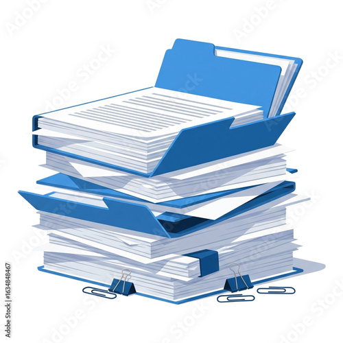 Pile of documents and files isolated on transparent background