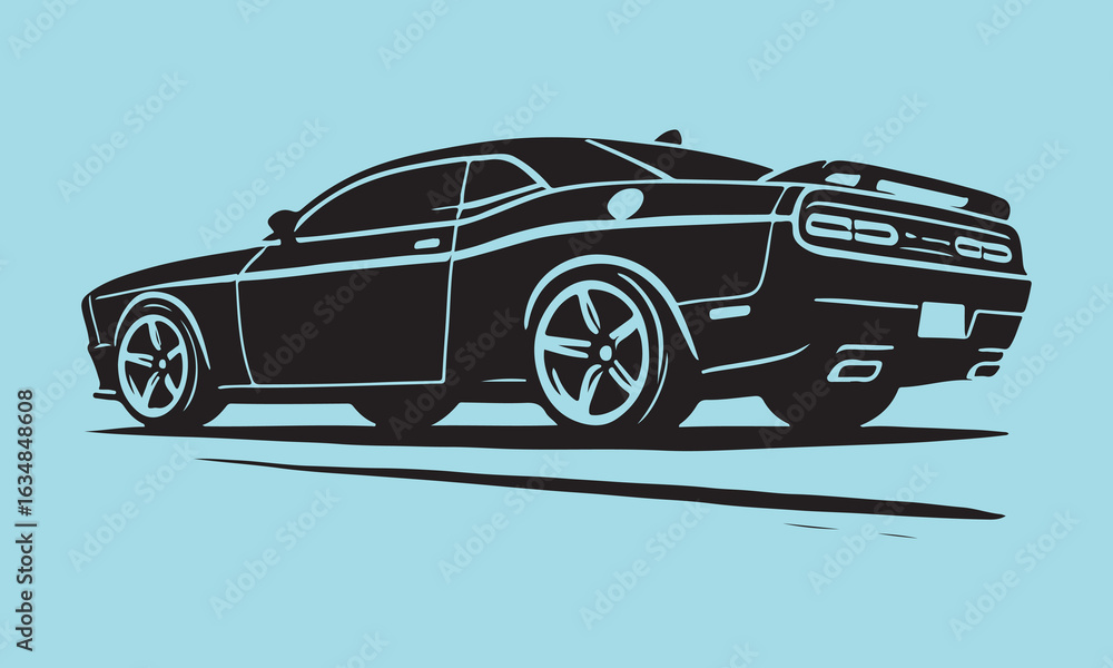 Fototapeta premium Muscle Car Rear Side View Silhouette with Spoiler and Large Wheels