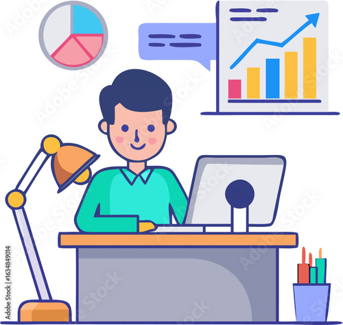 Businessman Working at Office Desk on Computer – Modern Workplace Illustration