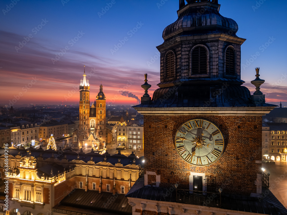 custom made wallpaper toronto digitalTown Hall Tower and St Marys Church over Main Square in Krakow, Poland, colorful sunrise