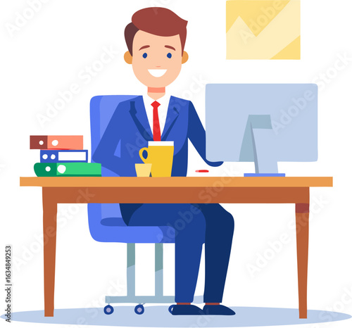 Businessman Working at Office Desk on Computer – Modern Workplace Illustration