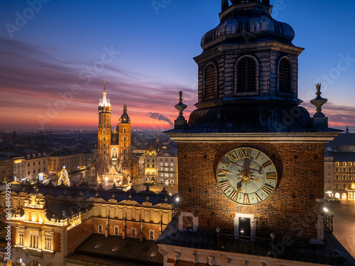 Wallpaper Mural Town Hall Tower and St Marys Church over Main Square in Krakow, Poland, colorful sunrise Torontodigital.ca