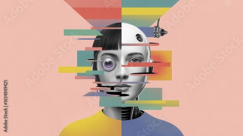 Digital collage depicting human-robot hybrid with abstract elements 