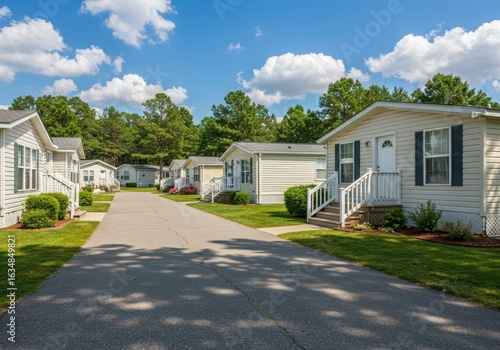 Suburban street lined with manufactured homes under a blue sky