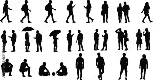 Silhouettes of people walking, talking, sitting, standing, casual poses, daily life activity, communication, outdoor scenes, human interaction, vector collection