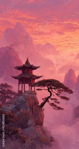 Wallpaper Mural Serene sunset hues paint misty mountains, a crimson pagoda perched dramatically on a cliff, a solitary pine clinging to the precipice Torontodigital.ca