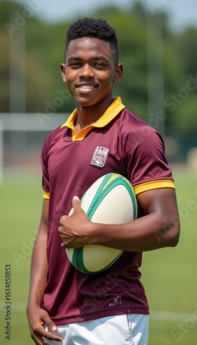 Confident young man holding a rugby ball in a sunny field