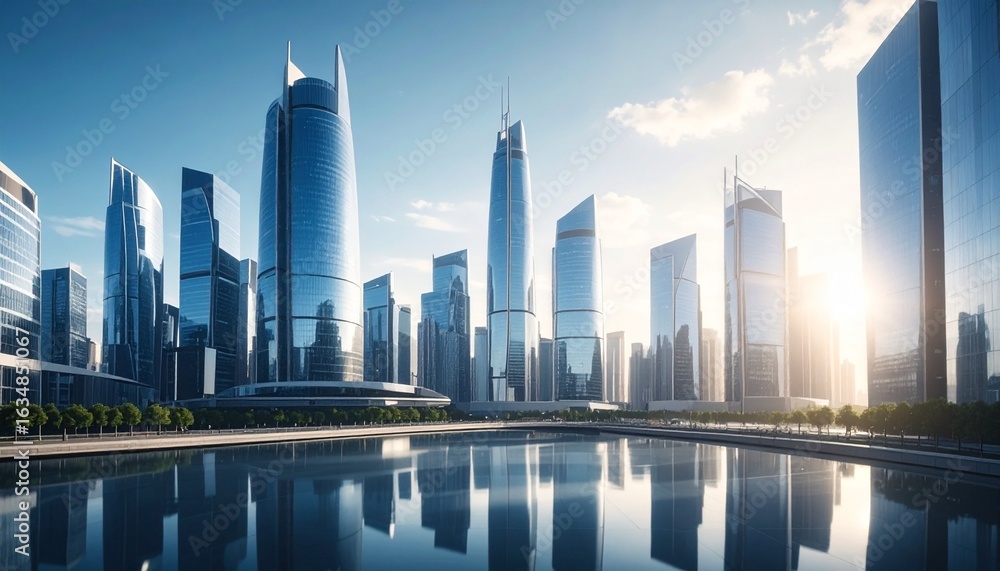 Obraz premium Modern city skyline with glass skyscrapers reflecting blue sky and clouds.