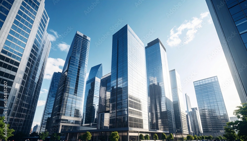 Obraz premium Modern city skyline with glass skyscrapers reflecting blue sky and clouds.