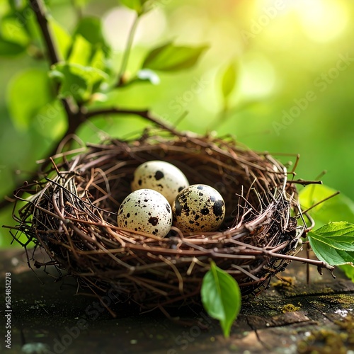 Three speckled eggs nestled in a twig nest, sunlight dappled through leaves