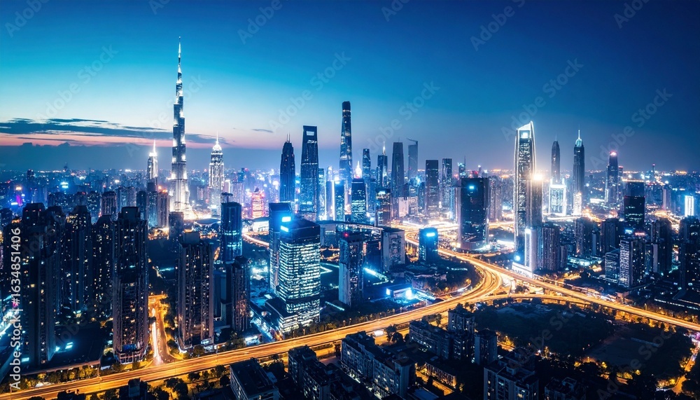 Fototapeta premium Futuristic cityscape at dusk with illuminated skyscrapers and busy highways.