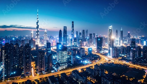 Wallpaper Mural Futuristic cityscape at dusk with illuminated skyscrapers and busy highways. Torontodigital.ca