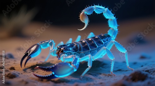 A Striking Bioluminescent Scorpion Radiating an Intense Blue Glow on Desert Sand