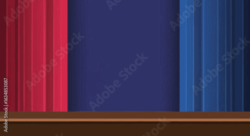 A stage setup with red and blue curtains with a dark blue background design