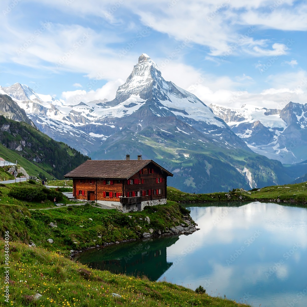 Fototapeta premium Alpine hut by a lake, snow-capped peak