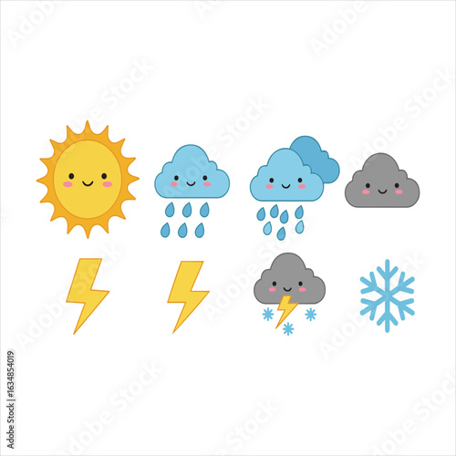 A colorful cartoon vector set of weather icons showing sun, cloud, rain, wind, and moon symbols for a clear forecast illustration