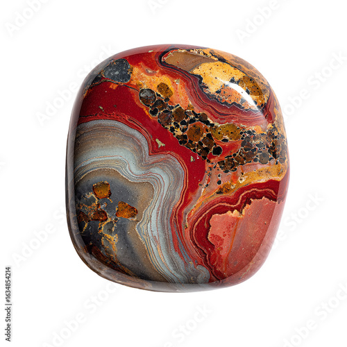 A polished oval jasper stone with intricate swirling patterns in red, orange, yellow, and grey, isolated on transparent background