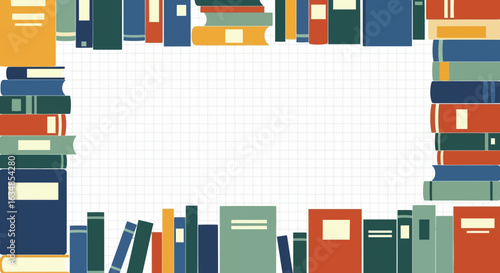 Colorful books frame with empty checkered background perfect for education themes