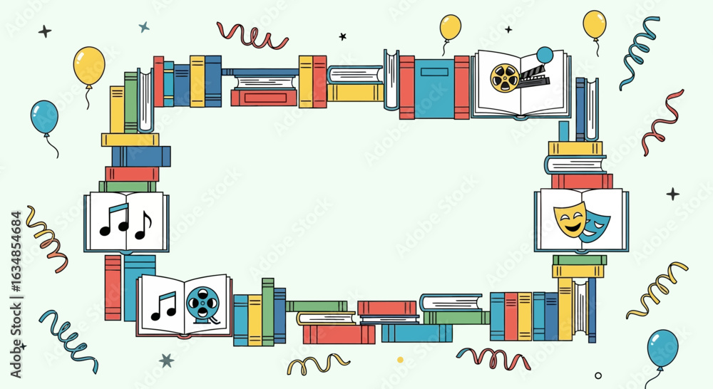 Fototapeta premium Colorful frame made of books with elements of art and celebration surrounding it