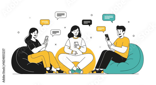 Diverse individuals engage in digital communication while relaxing on bean bag chairs