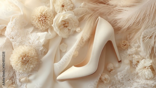 A single white high-heeled pump rests on creamy fabric amongst dried flowers and feathers, creating an elegant, bridal-themed still life