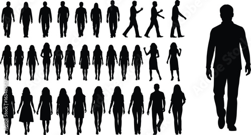 Walking silhouette, people vector collection, man woman figures, front side view, crowd illustration, casual walking poses, black shadow clipart